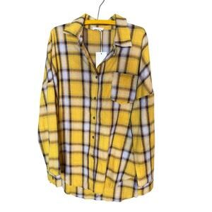 La Miel Flannel Shirt Womens Lrg Yellow Plaid Button Front Raw Hem Cotton Blend
